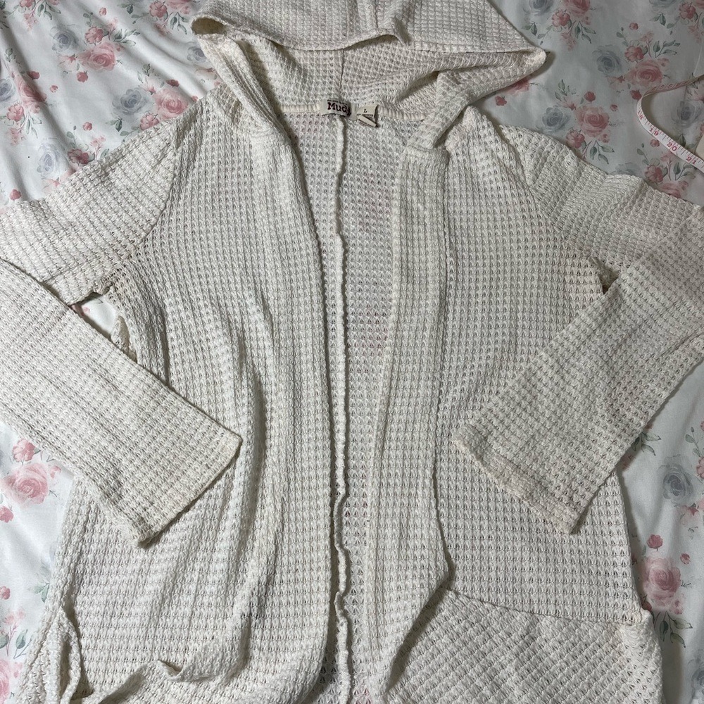 Mudd Cream Waffle Knit Hooded Sweater Cardigan‎ Open Front L